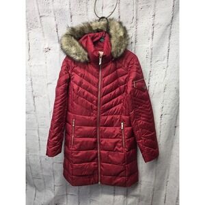 Michael Michael Kors Puffer Winte Coat Womens S Red Faux Fur Hood Down Fill Long